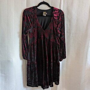 Taylor Burnout Velvet  Babydoll Dress Black Maroon Burgundy Size 6 Whimsigoth